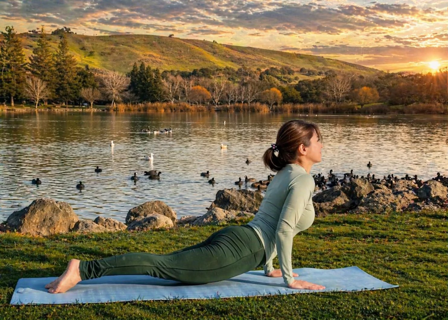 Yoga at sunset lake