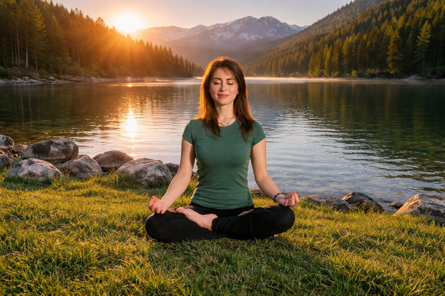 Meditation at sunset lake